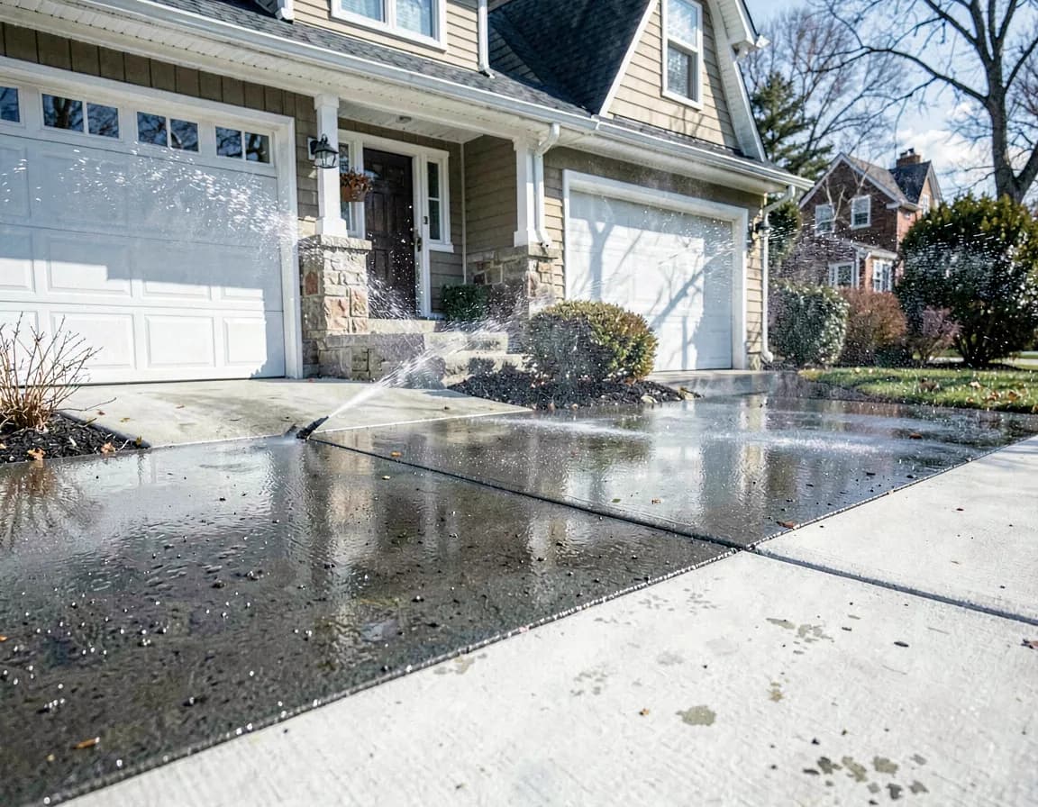Pressure washing revealing a bright-clean stripe on a residential concrete driveway