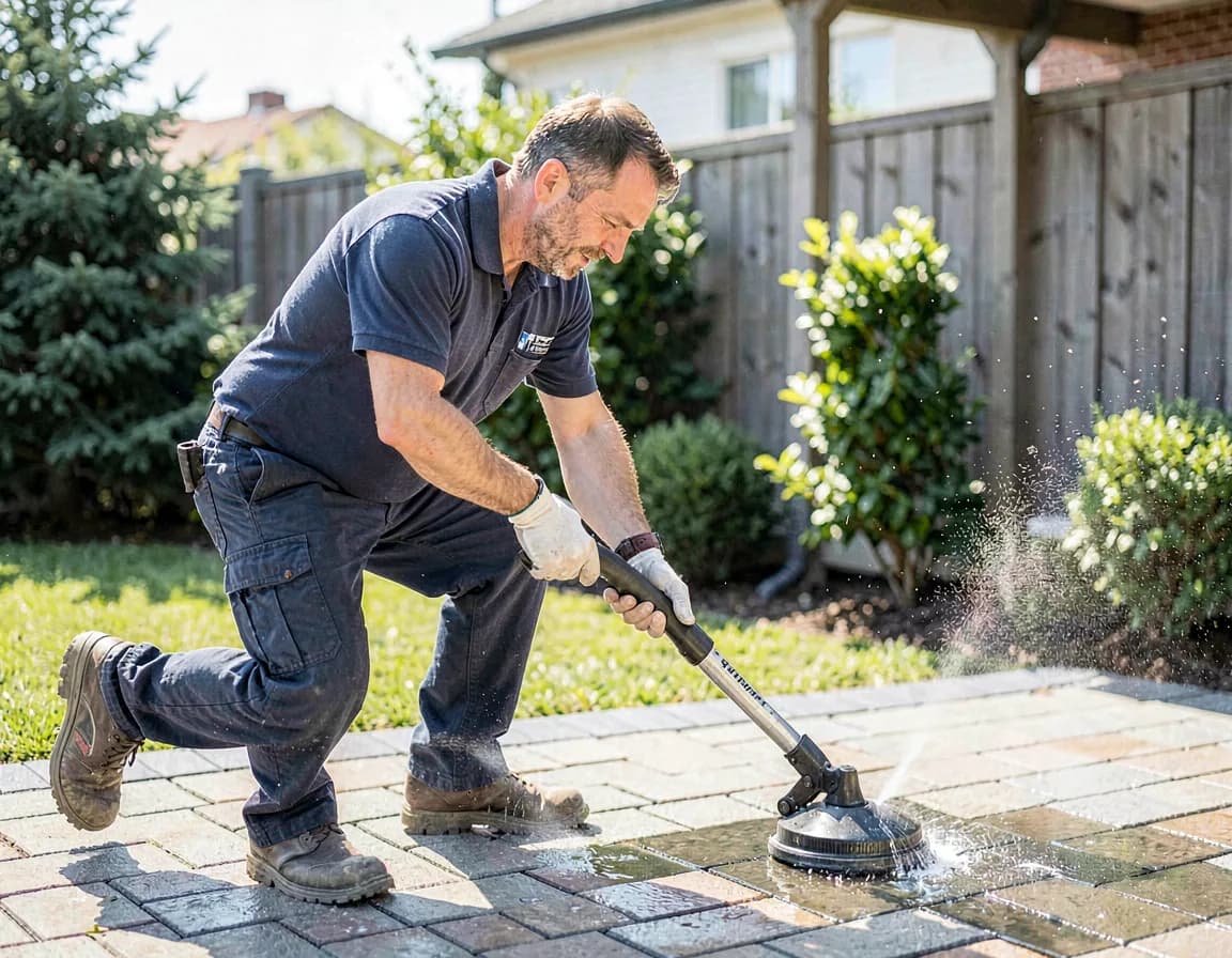 Technician pressure washing a paver patio with a surface cleaner